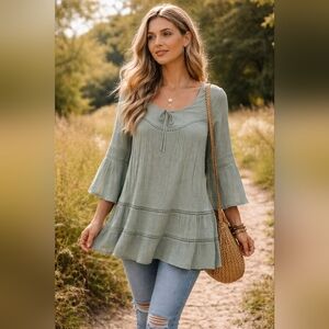 Spense Sage Green Peasant Blouse XL Bell Sleeve Tie Neck Ruffle Tiered Boho Cott